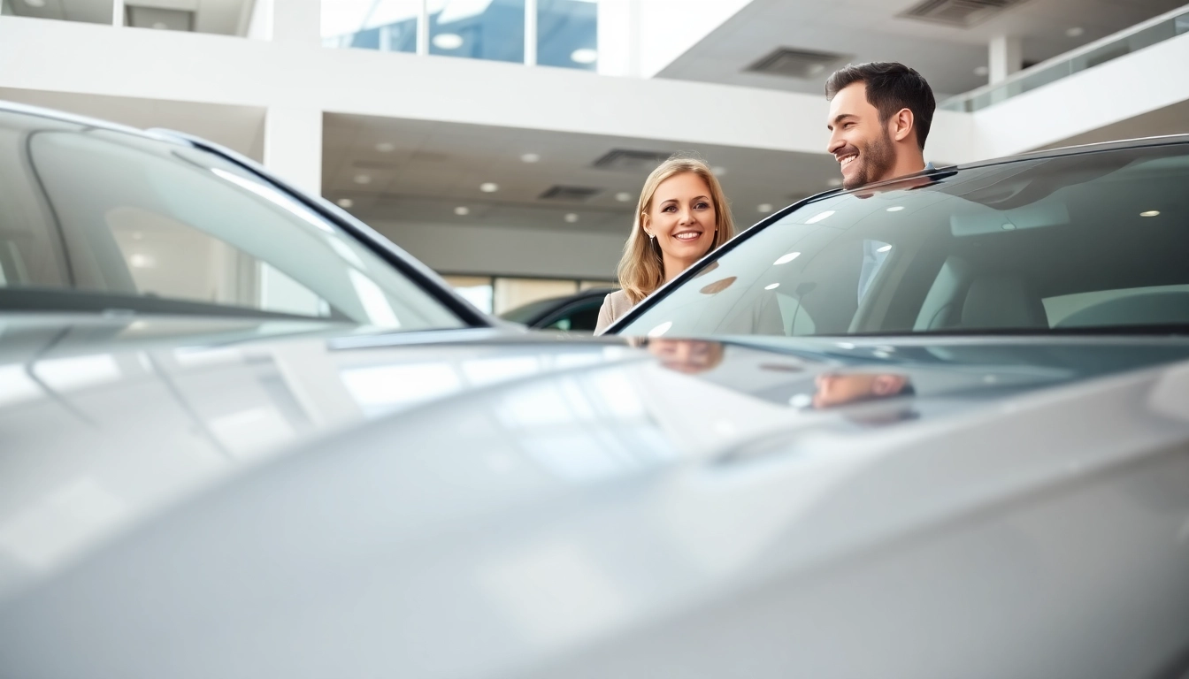 Buy New Car: Enthusiastic couple exploring a sleek vehicle in a contemporary dealership.