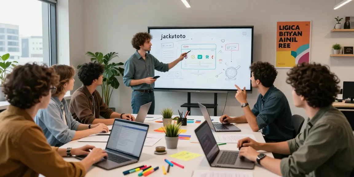 Team brainstorming ideas for jacktoto in a vibrant tech workspace