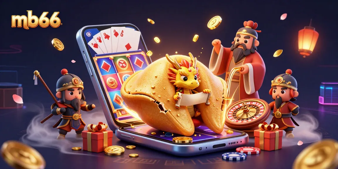 Play exciting games at mb66 with engaging elements like a golden fortune cookie and animated slot reels.