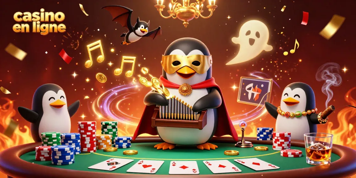 Un pingouin d'opéra et un acrobate au casino en ligne, en pleine action avec des pièces d'or.