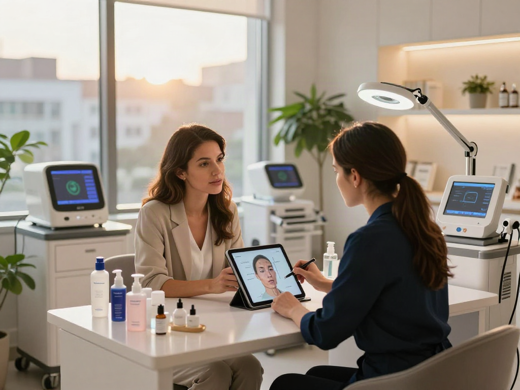 How old do I look? Woman discussing facial analysis results with skincare expert in bright clinic.