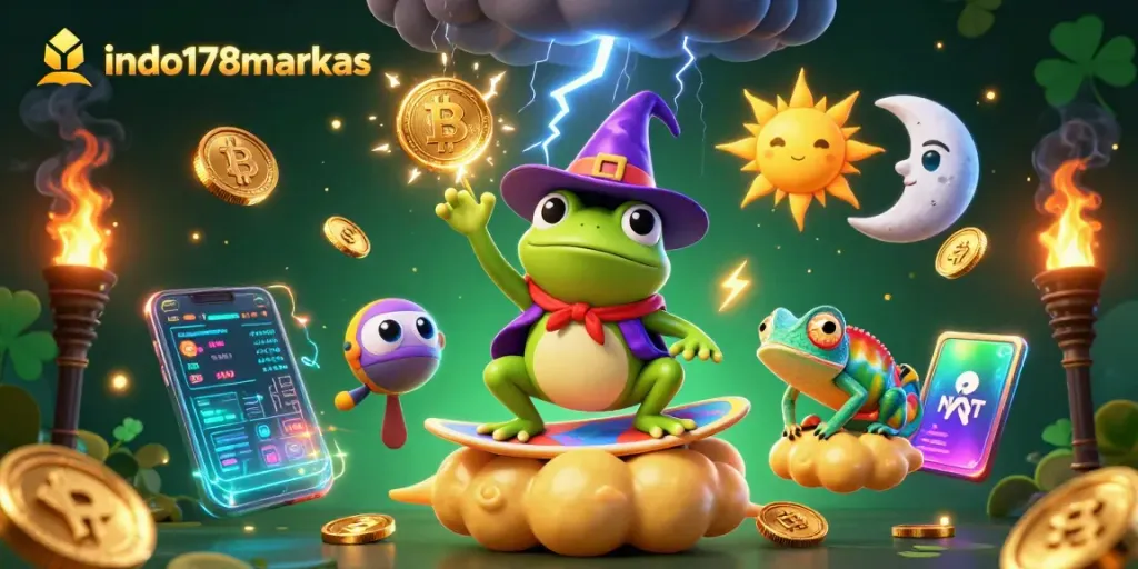 Watch the magic unfold at indo178markas with a weather wizard frog summoning golden coins in a vibrant casino atmosphere.