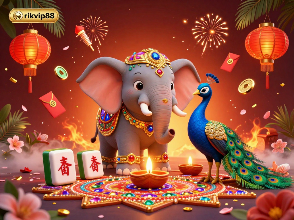 Engage with thrilling gameplay at rikvip88 featuring a magical, vibrant scene with an ornate Diwali-themed elephant!