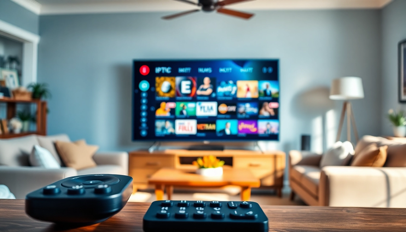Experience FREE IPTV Trial in a cozy living room with vibrant streaming options displayed.