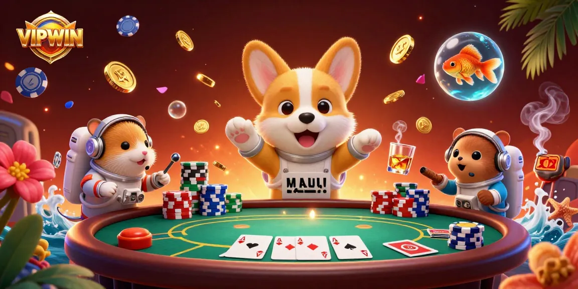 Join the excitement at VIPWIN as a cartoon corgi astronaut plays poker in a fun space casino.