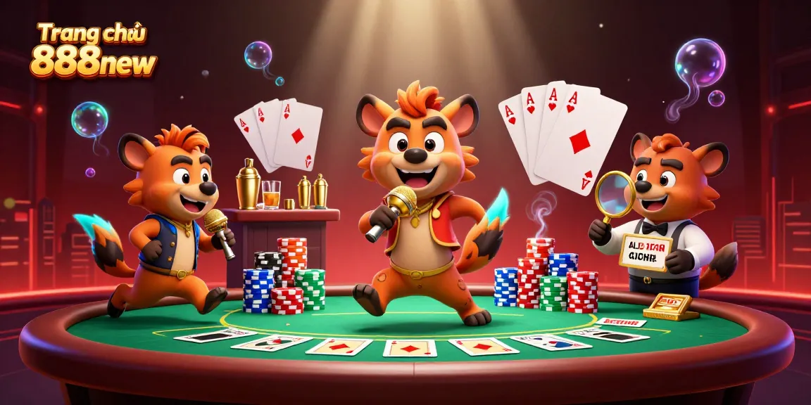 Engage with the excitement of Trang chủ 888new's vibrant casino scene featuring hyenas in a comedy club setting.