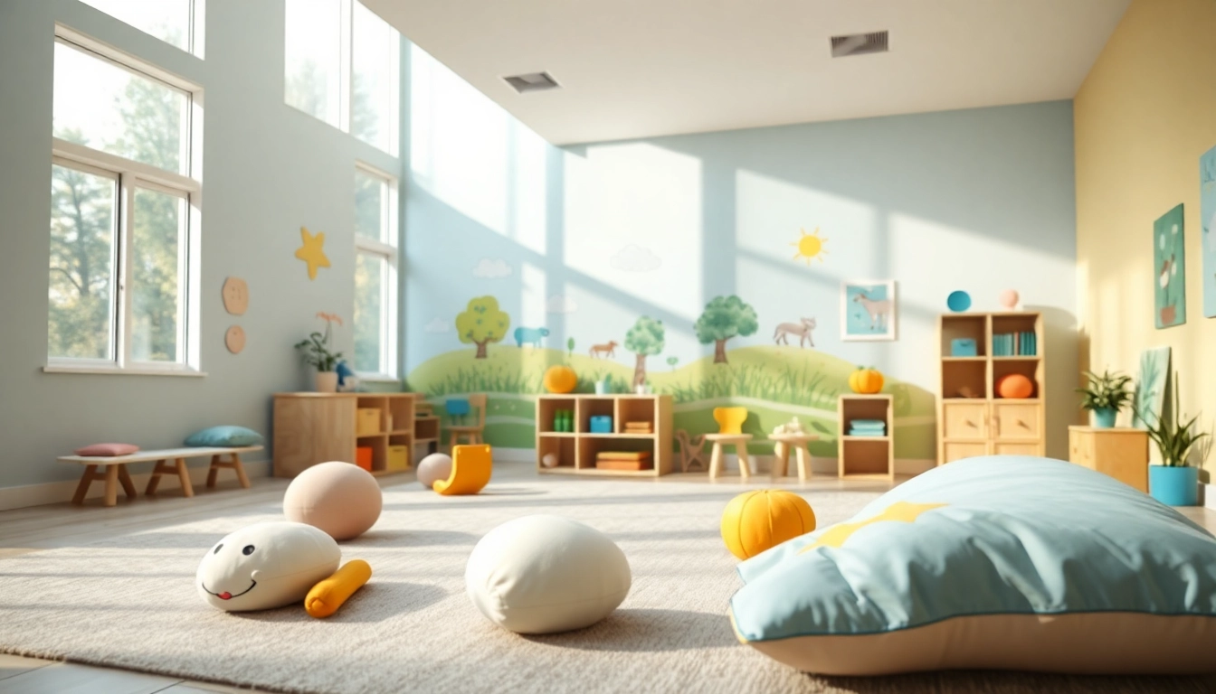 Children receiving autism help in a cozy therapy room filled with sensory tools and soft toys.