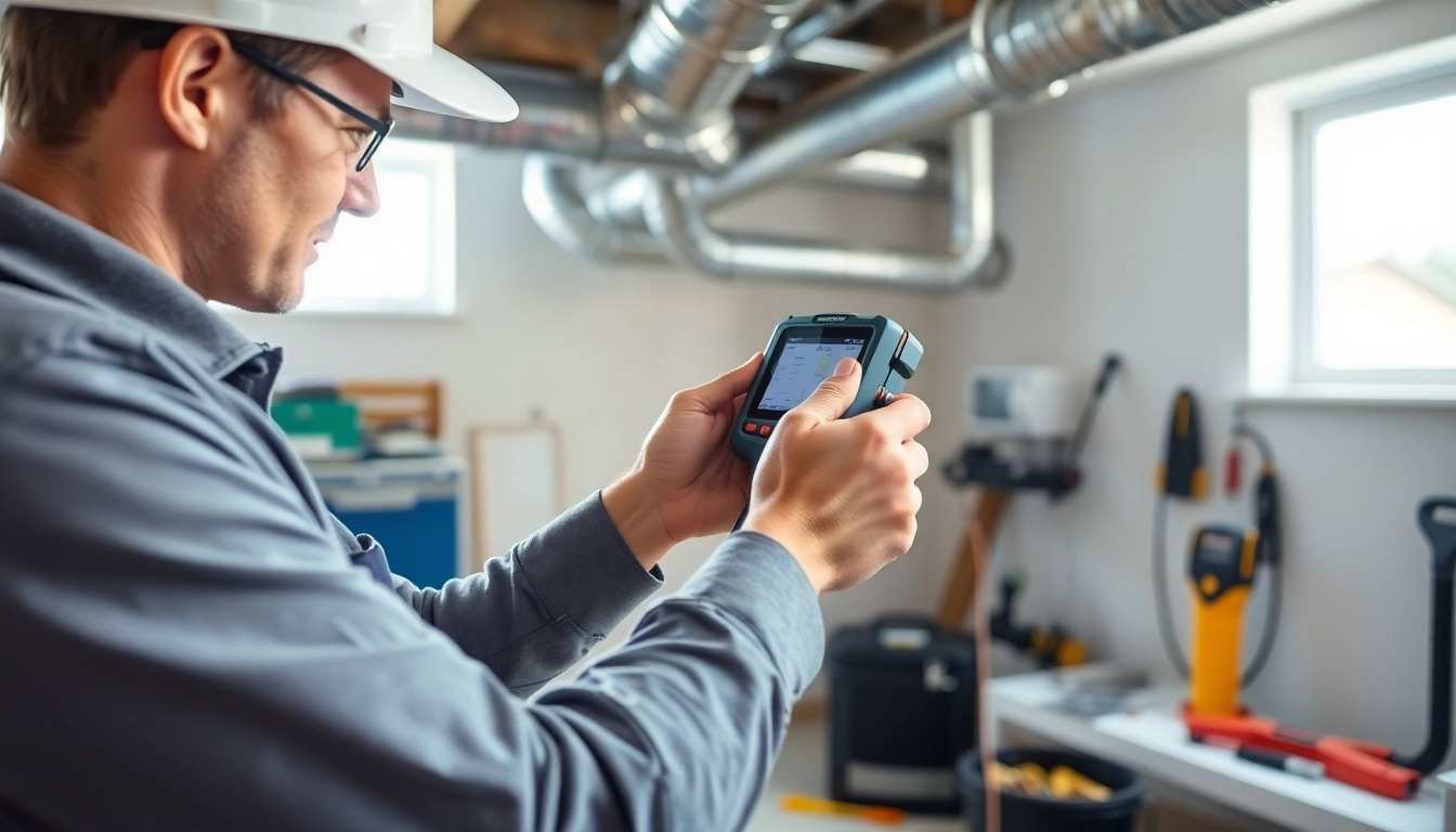 A technician performing a Duct leakage test with precision in a residential setting.