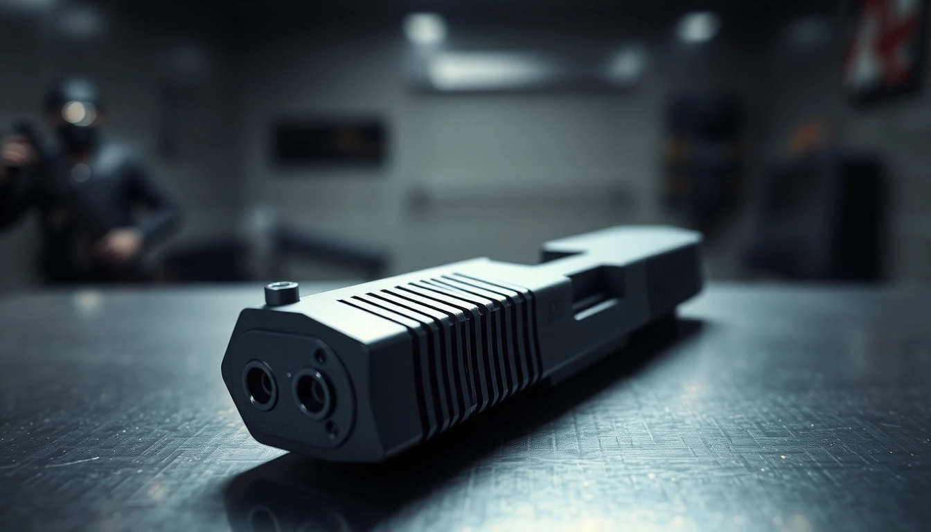 Inspect the glock 17 slide's detailed craftsmanship and design in a sleek setting.