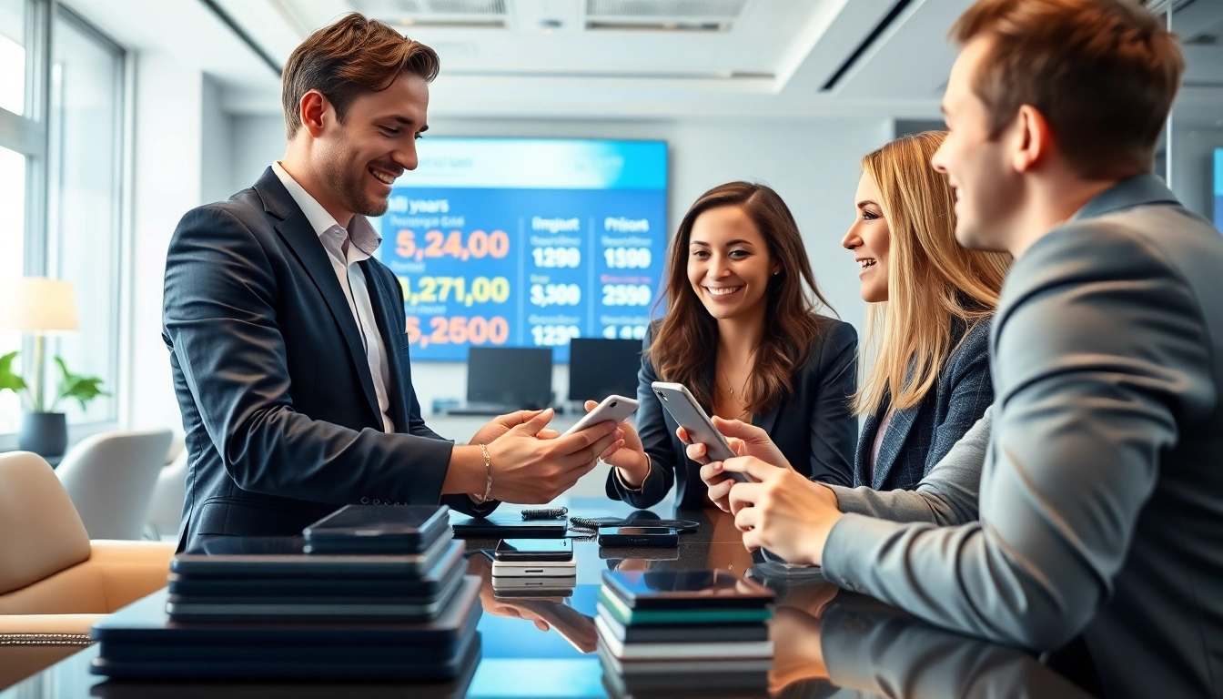 Engaging moment with a quick phone buyer helping clients in a professional office setting.