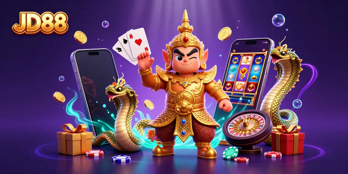 Experience thrilling gameplay with JD88 in this vibrant 3D casino illustration featuring dynamic game elements.