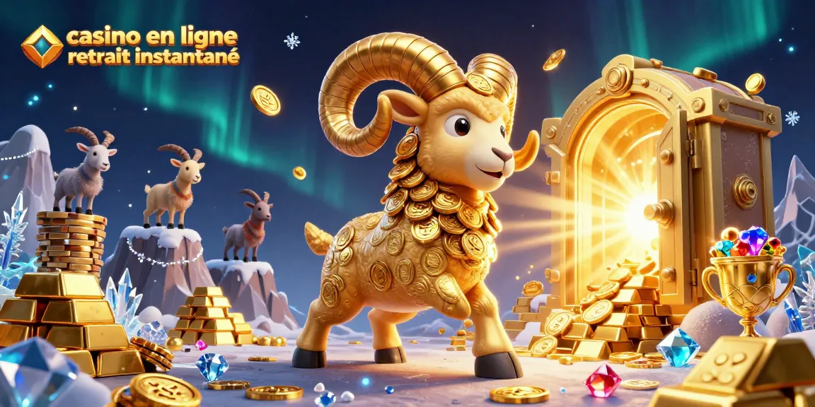 Illustration dynamique avec un bélier doré et des éléments de casino pour un retrait instantané.