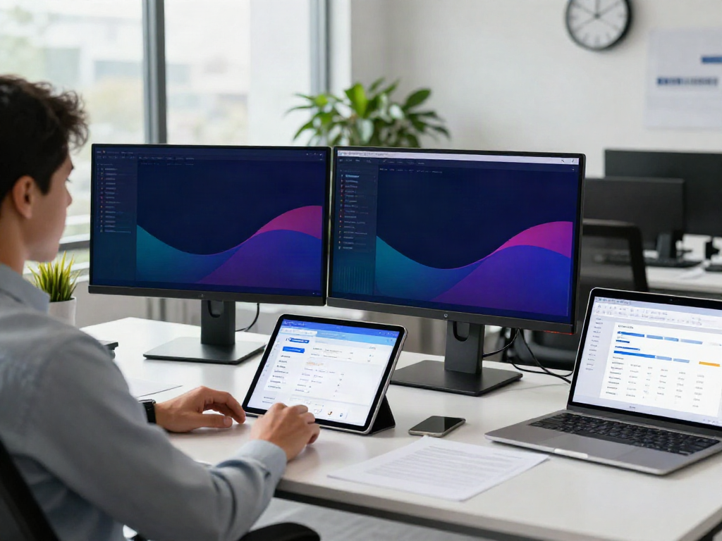 Utilizing tax software to start a tax business with dual monitors and e-signature tools in a modern workspace.