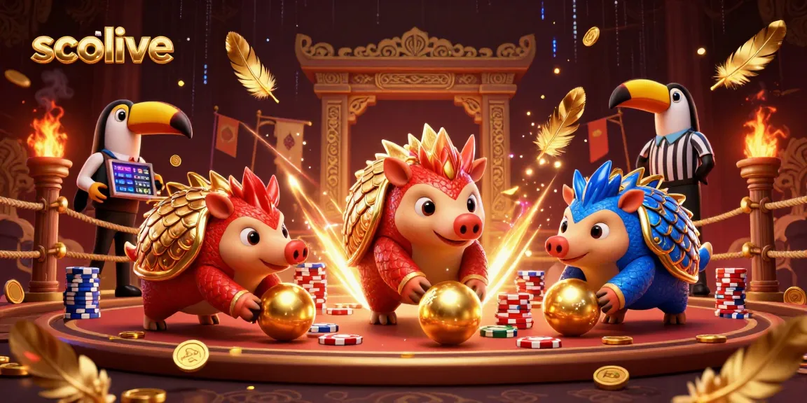Socolive features a lively scene with rival pangolins rolling into golden balls amidst poker chips, showcasing dynamic gambling atmosphere.