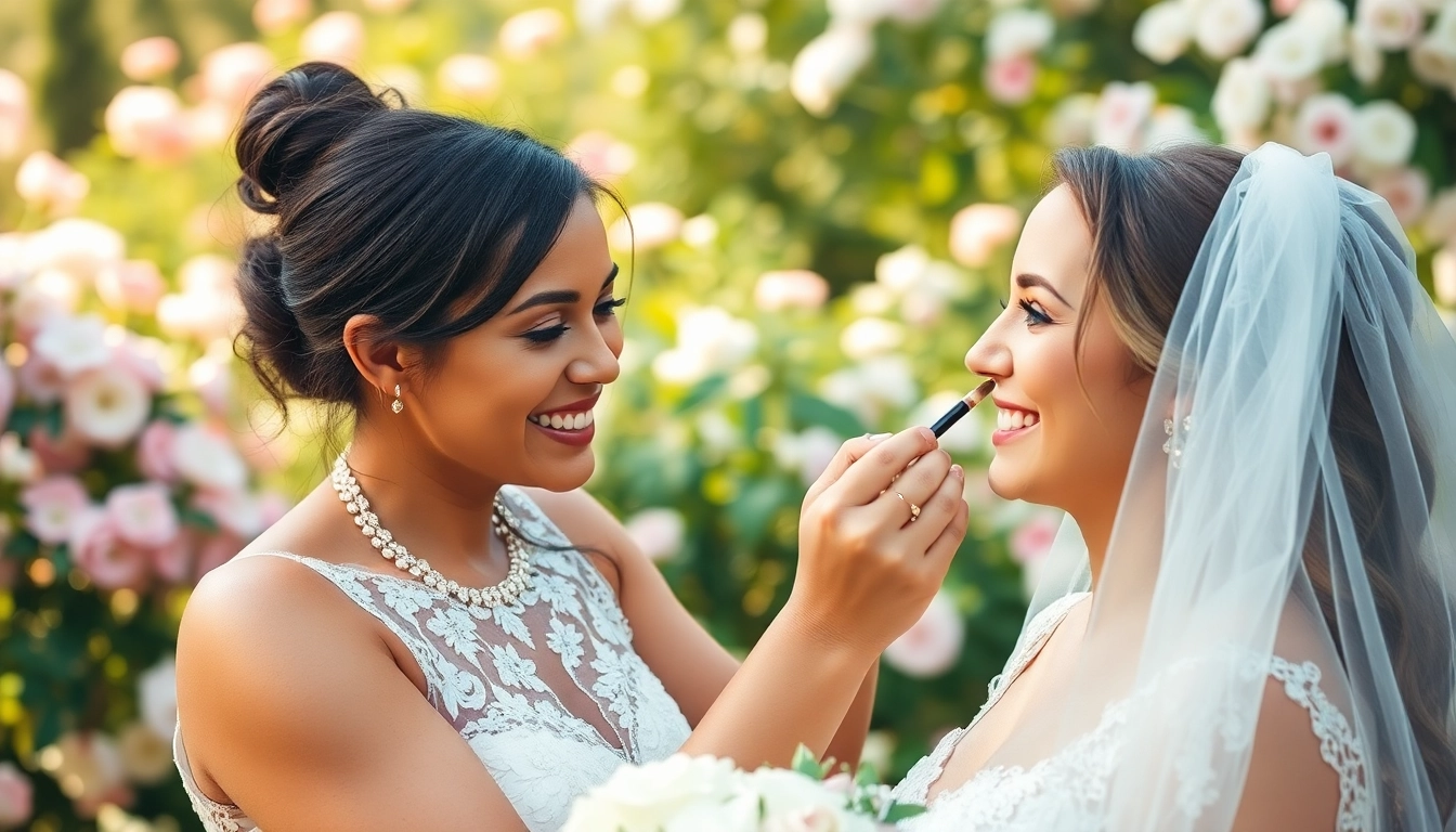 Dallas bridal makeup artist enhancing a bride's beauty in a vibrant garden setting.