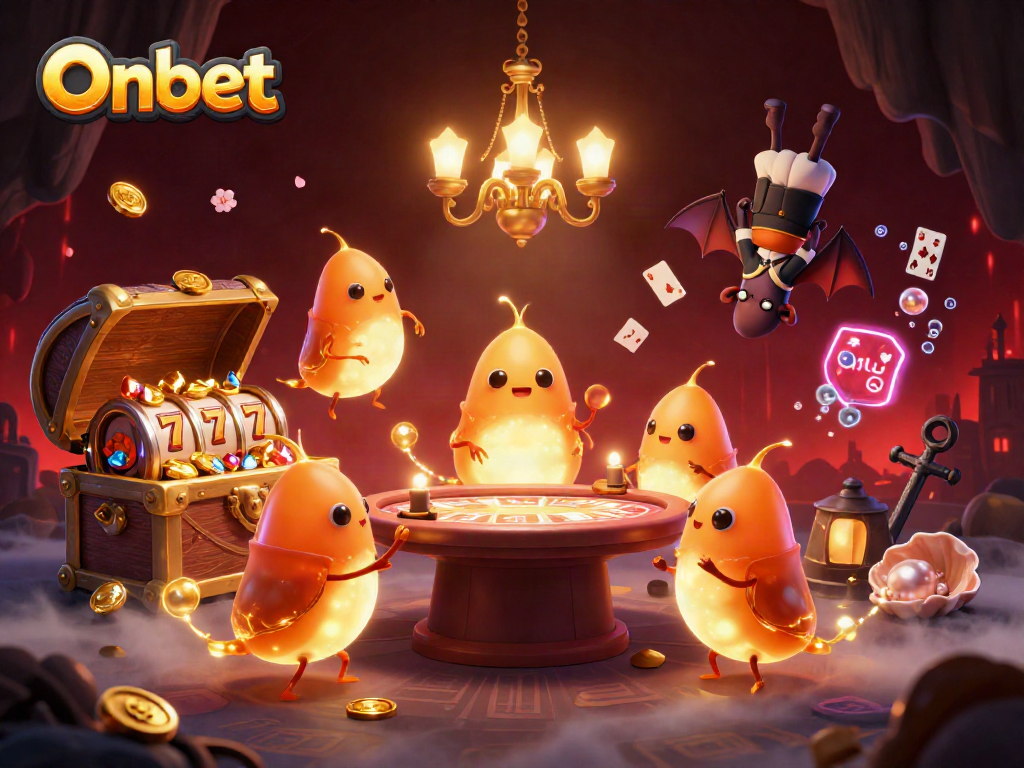 Onbet illuminates a lively cave casino with glowworms, featuring vibrant slot elements and treasures.
