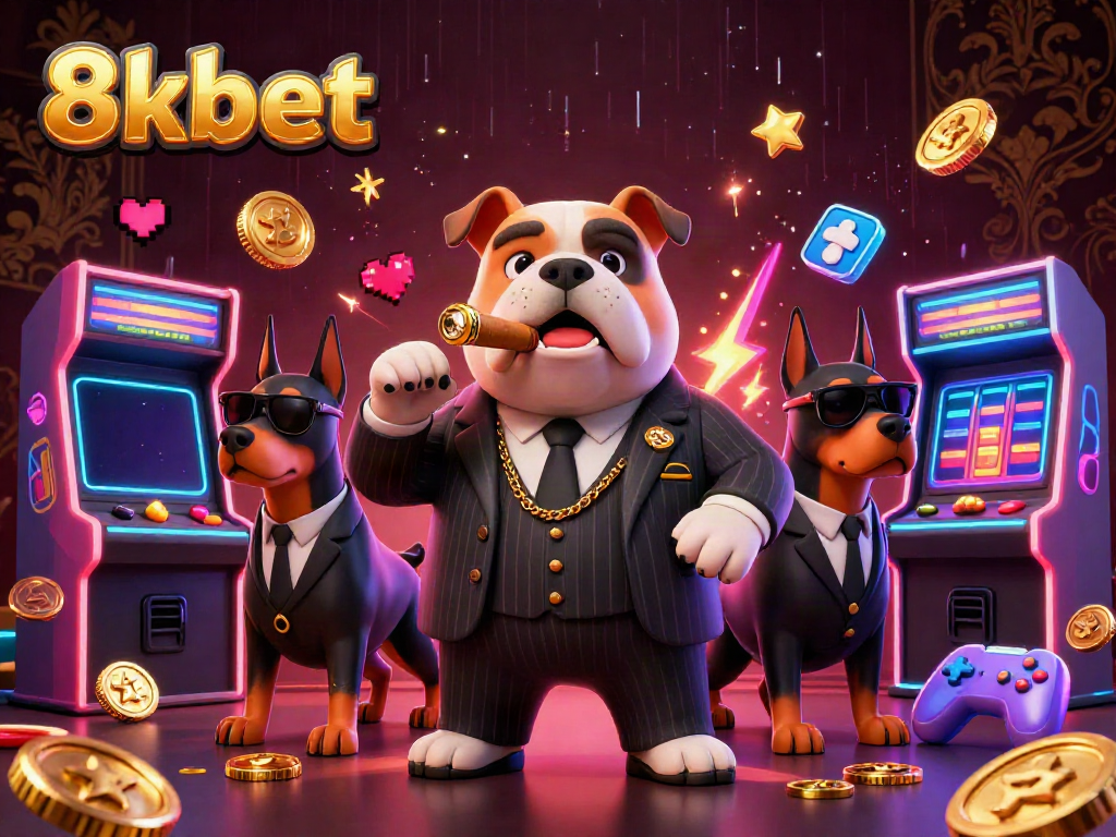 Experience the thrilling world of 8xbet with an engaging casino scene featuring a mafia bulldog.