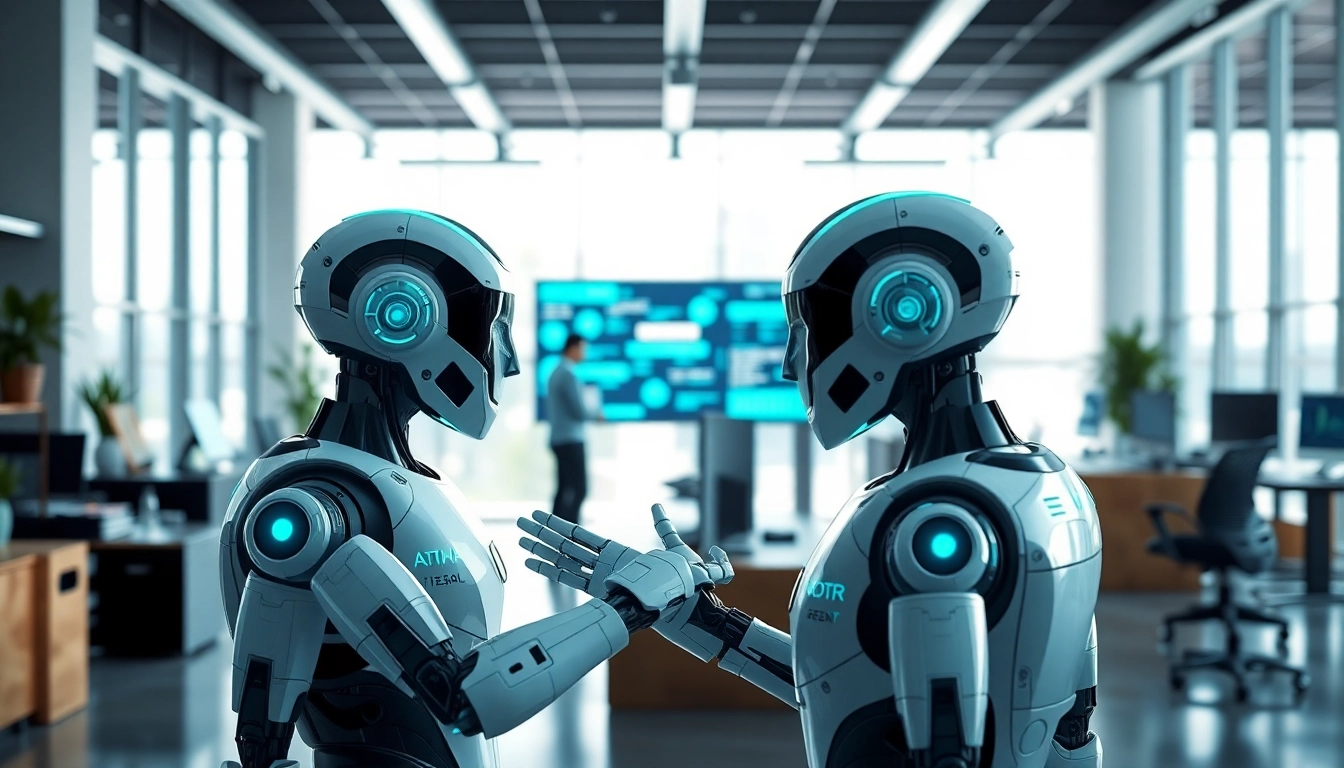 AI Bots collaborating in a modern office, showcasing futuristic technology and innovation.