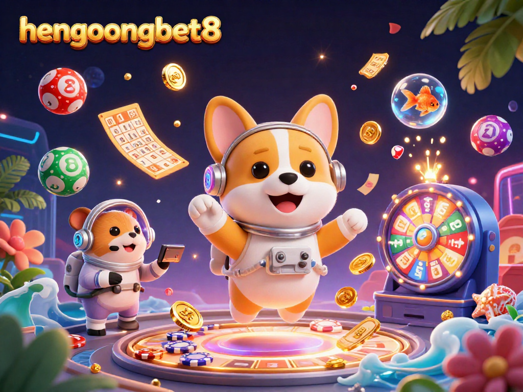 Engage with hengongbet8 as a cartoon astronaut corgi navigates a vibrant space station casino.