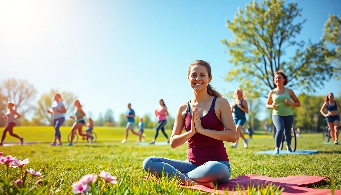 Embrace a Healthy Life through outdoor activities with joyful individuals exercising in a sunlit park.