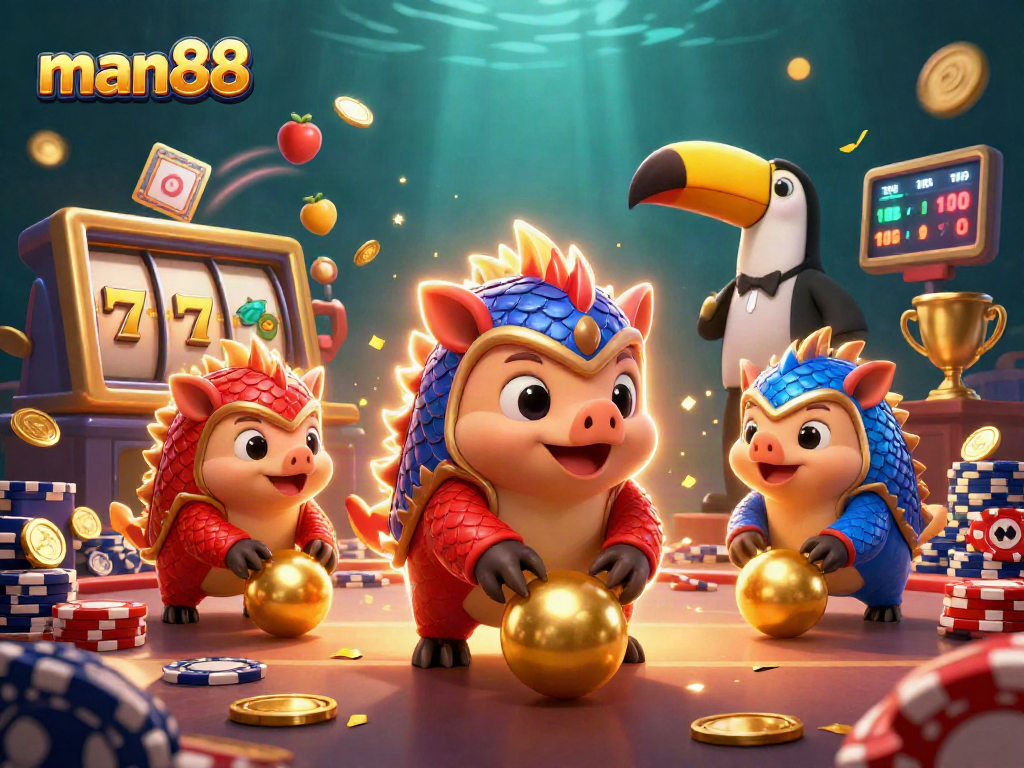 Experience thrilling gameplay with man88 as rival pangolins compete amidst slot reels and golden trophies.