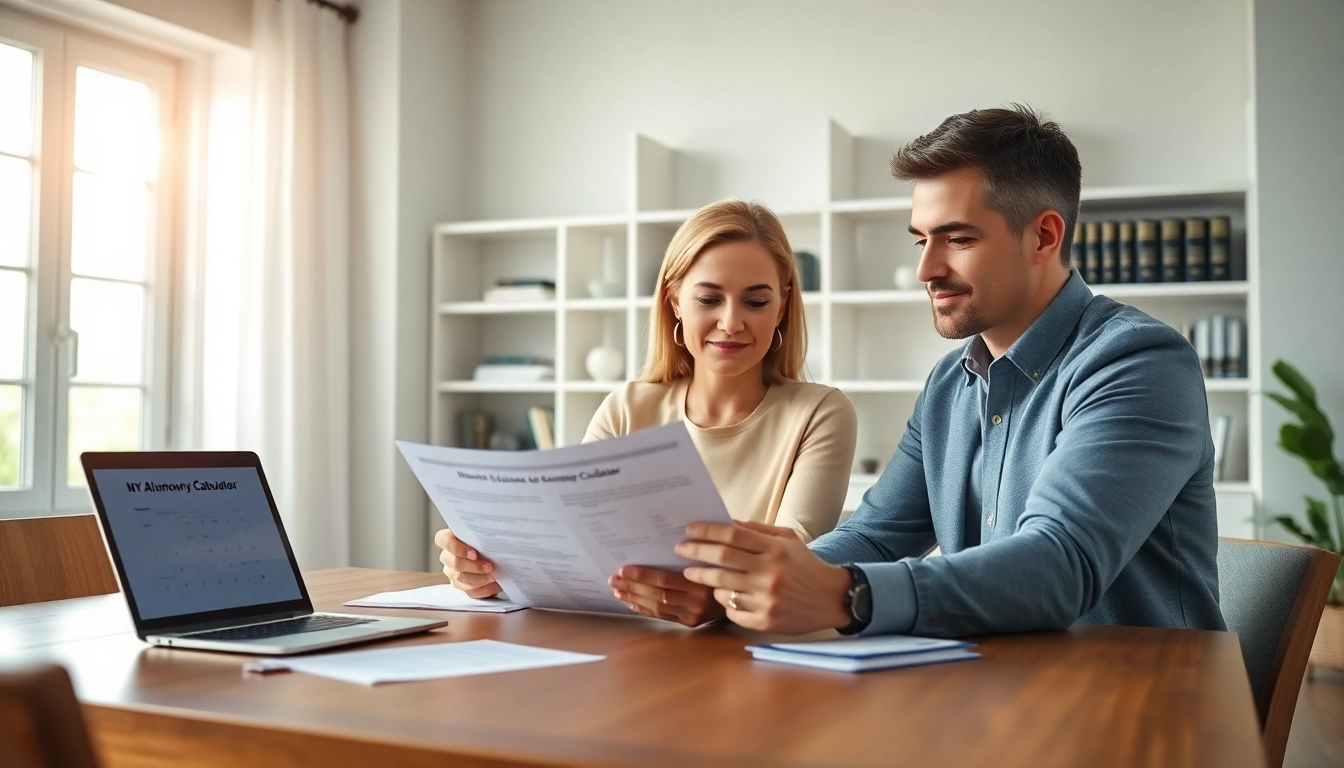Calculating alimony with the NY maintenance calculator showcasing a couple's focus on financial documents.