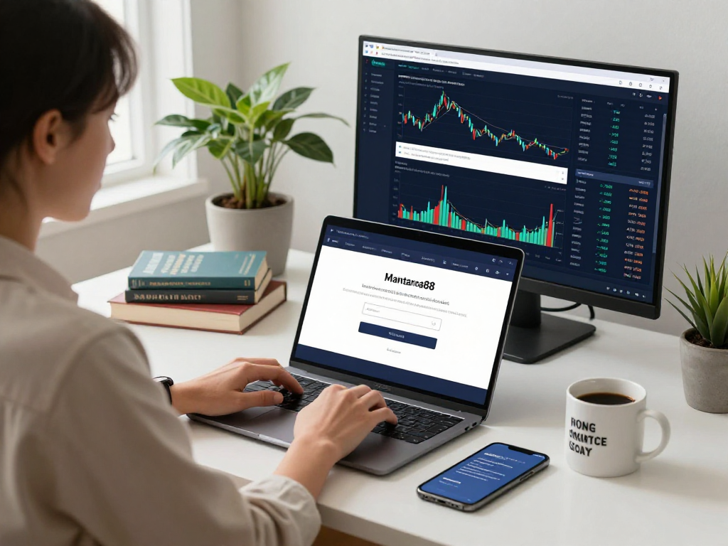 Engaging with mantra88 login on a laptop in a home office, showcasing financial analysis tools and a cozy atmosphere.