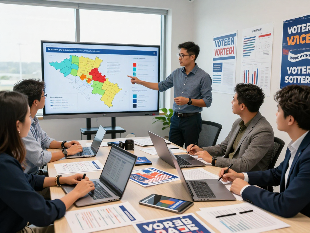 Strategists analyzing data to suppress negative search results in a modern political campaign office.