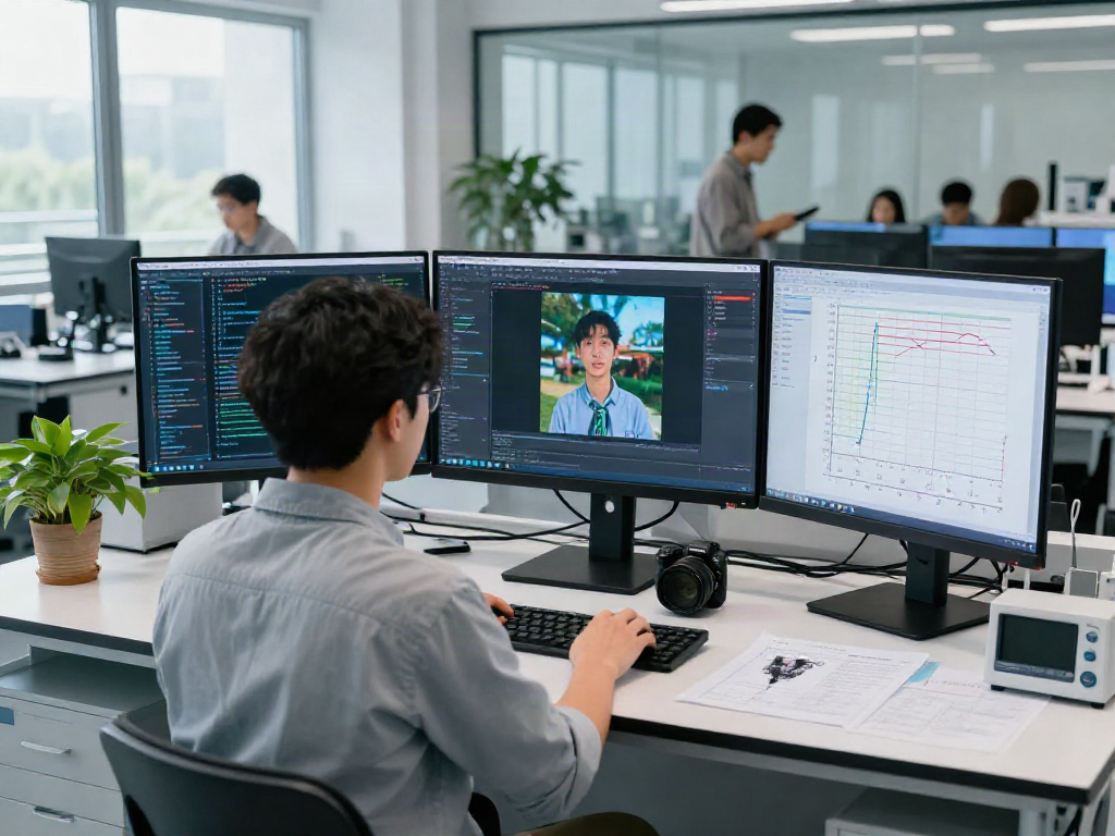 Data scientist analyzing AI-Generated Image Detection in a modern lab environment with advanced technology