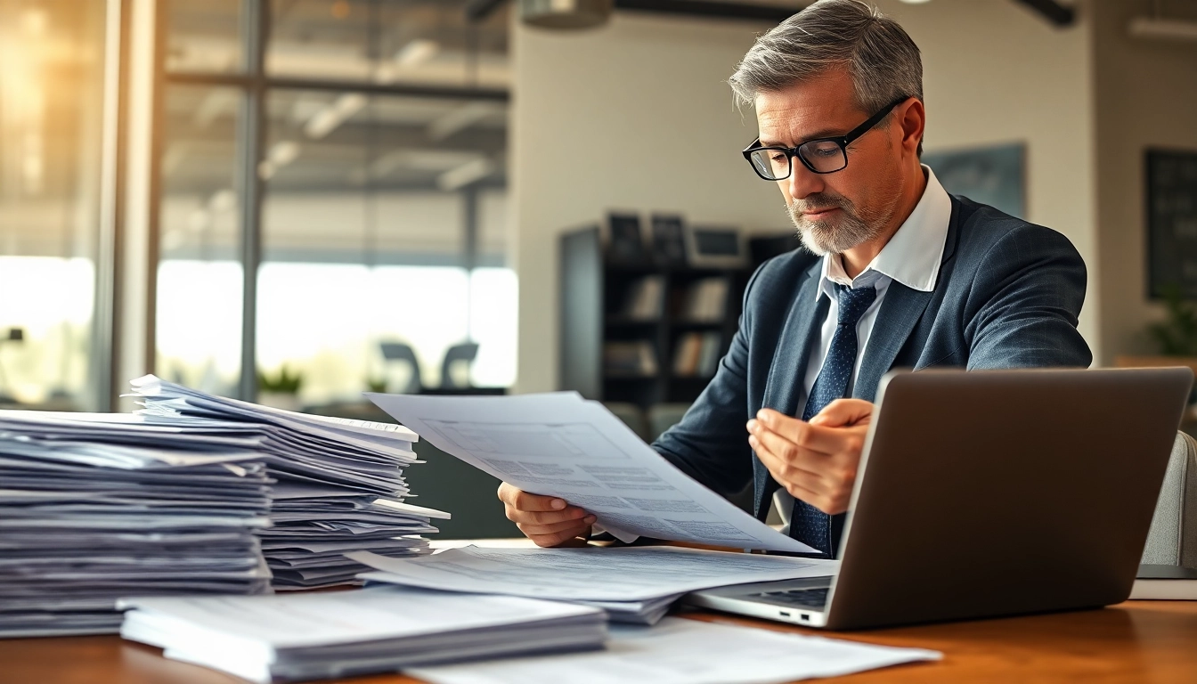Consultant examining Federal and State contracts and grants documentation in a professional office setting.