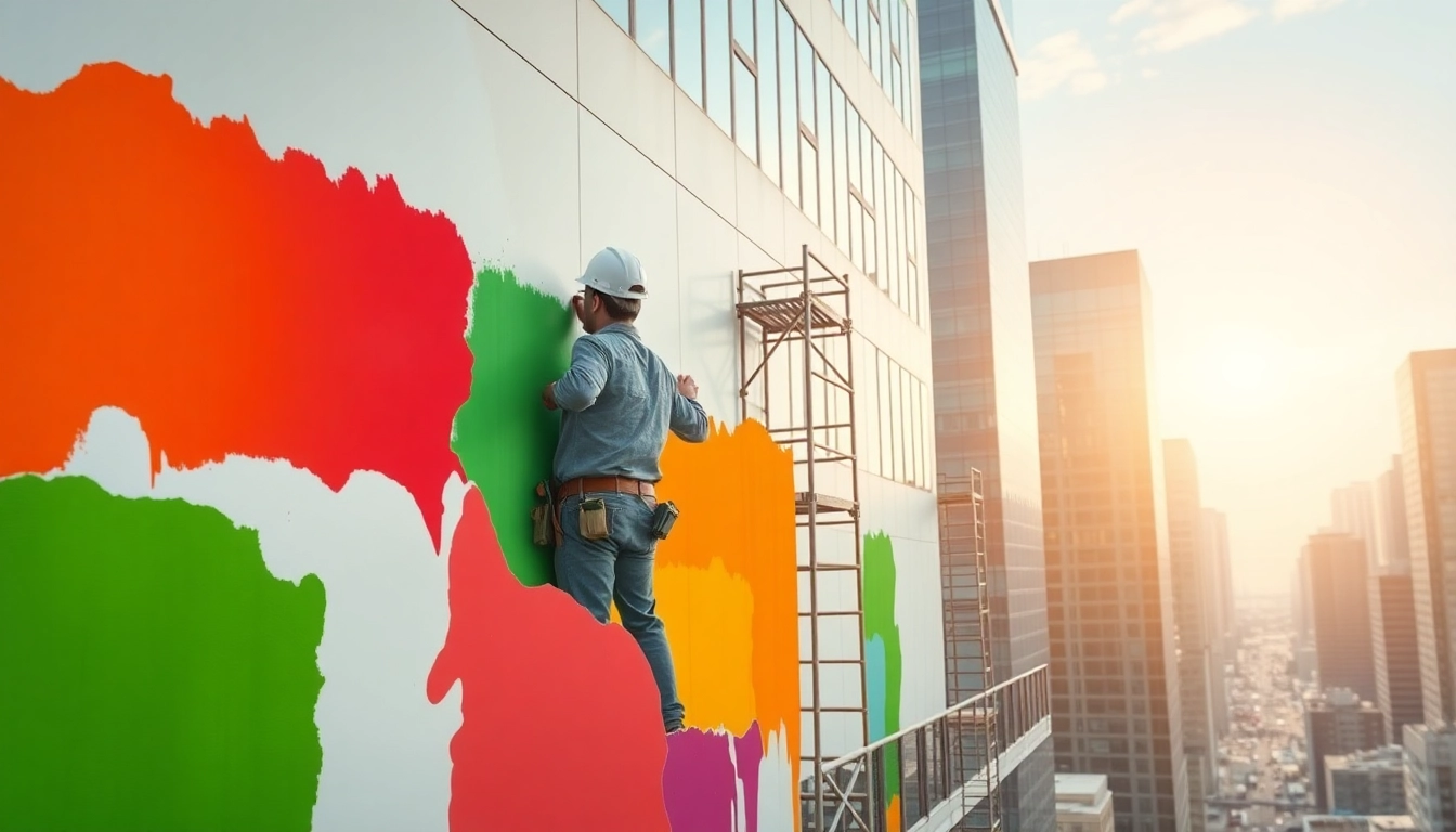 Experienced commercial paint contractor applying fresh paint on a large office building facade.