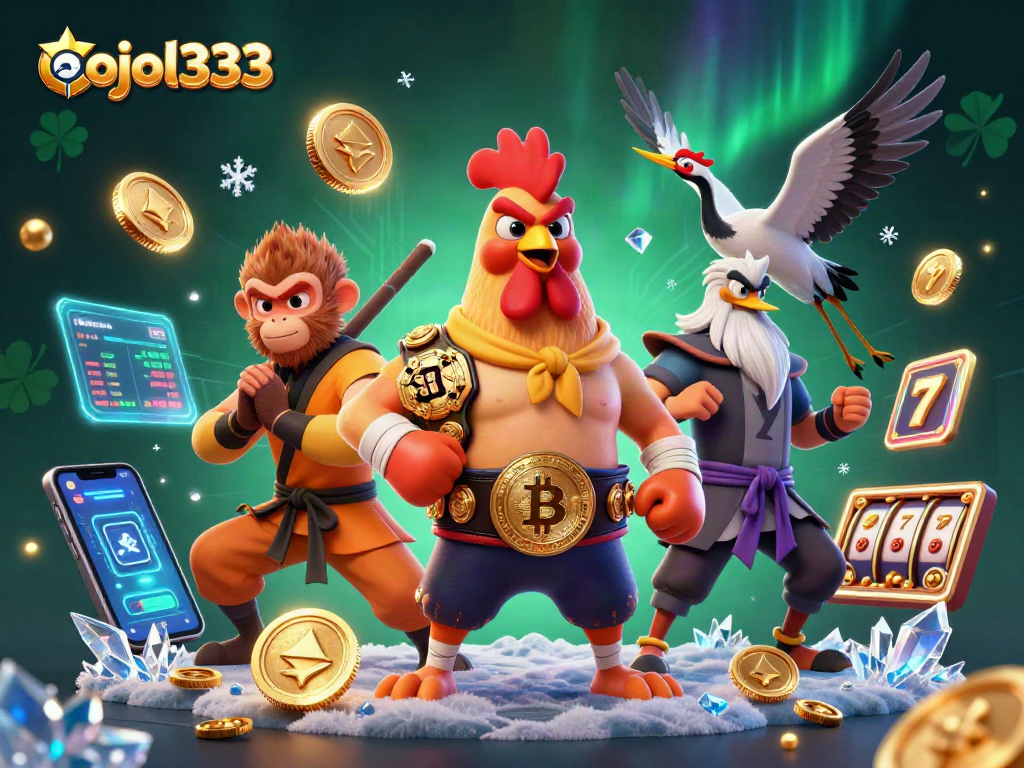 Engage with the exciting world of gaming as ojol333 showcases a vibrant scene with characters amidst slot symbols and crypto elements.