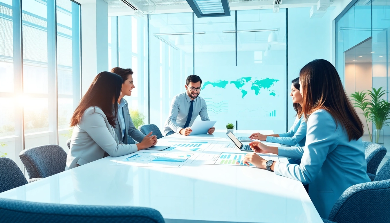 Marketing director strategizing with colleagues in a modern office setting.