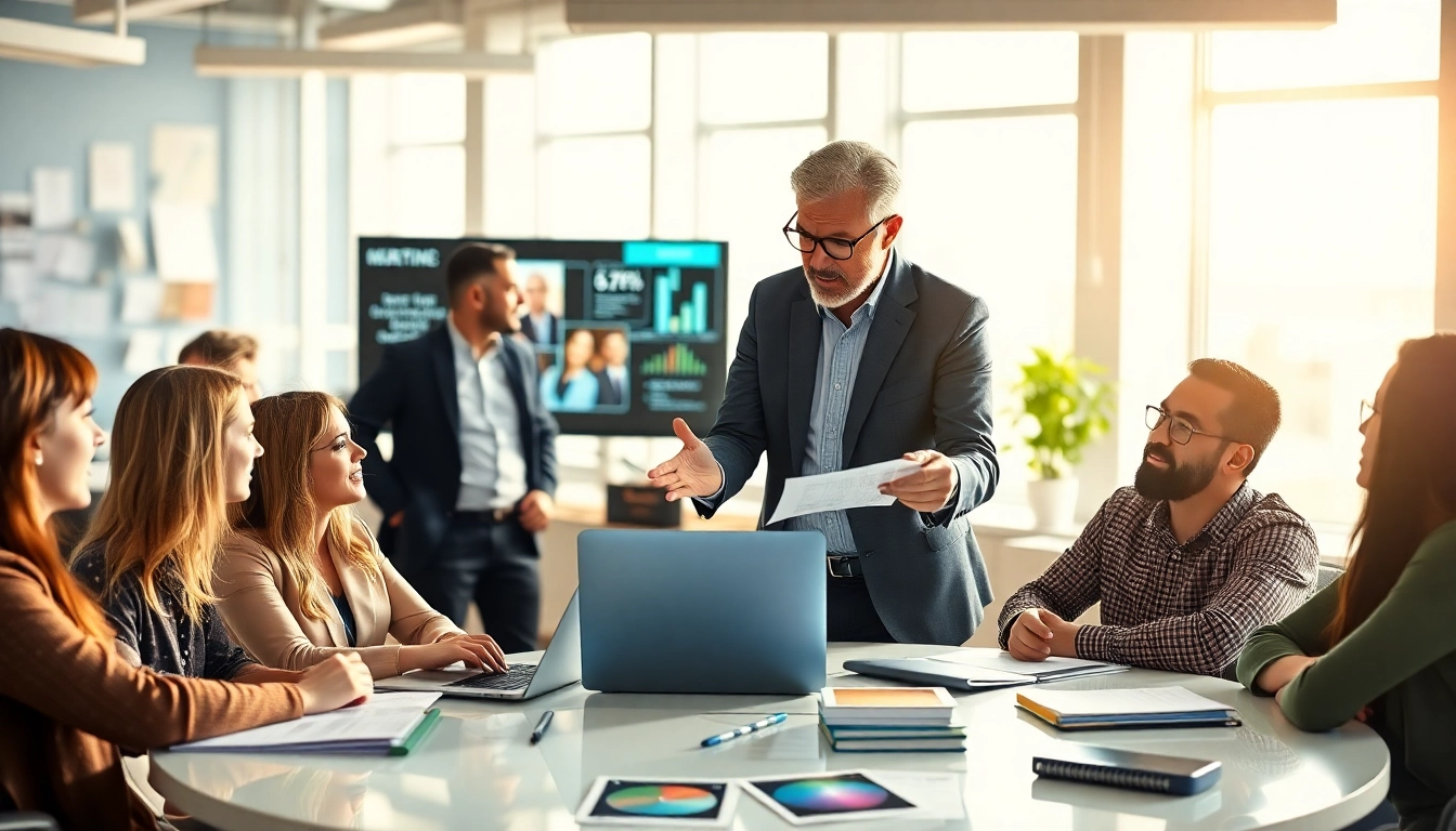 Marketing director leading a creative team in a bright, collaborative office environment.
