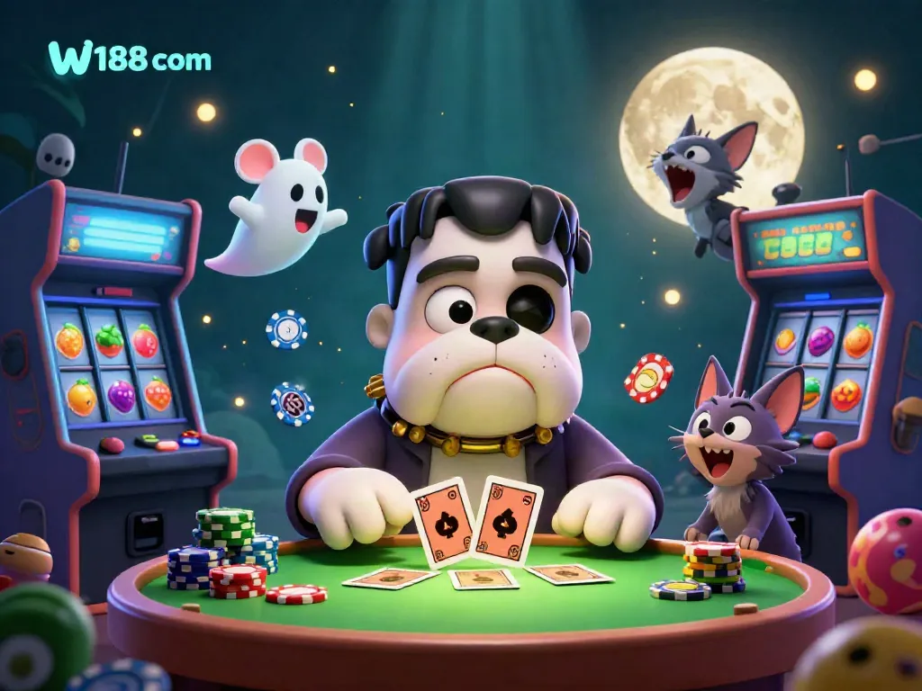 Join the thrilling experience at W188 com with unique characters engaging in card games amid vibrant casino elements.