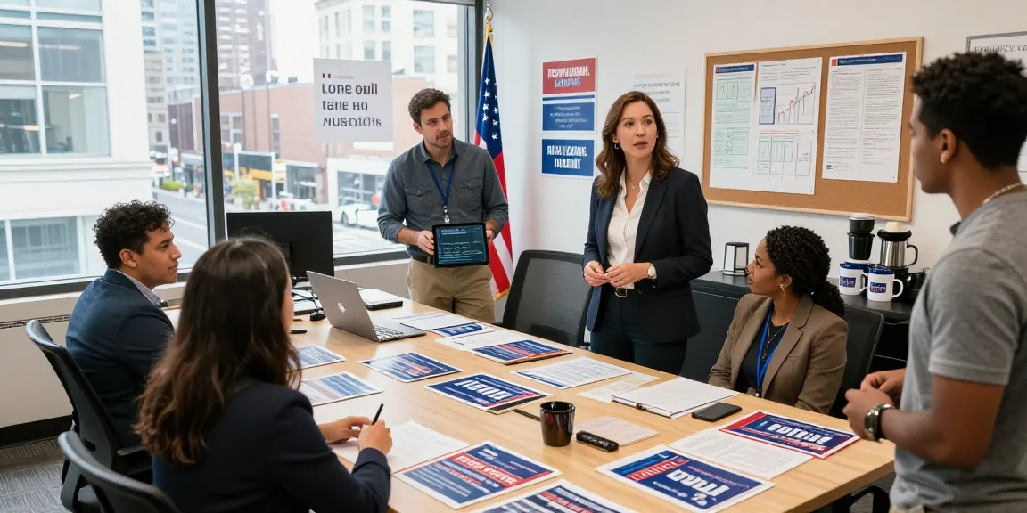 Team discussing Casey Askar's campaign strategy in a bright office environment.