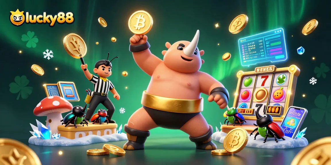 Witness the exciting world of lucky88 as the rhinoceros beetle throws golden coins, surrounded by crypto and slot elements.