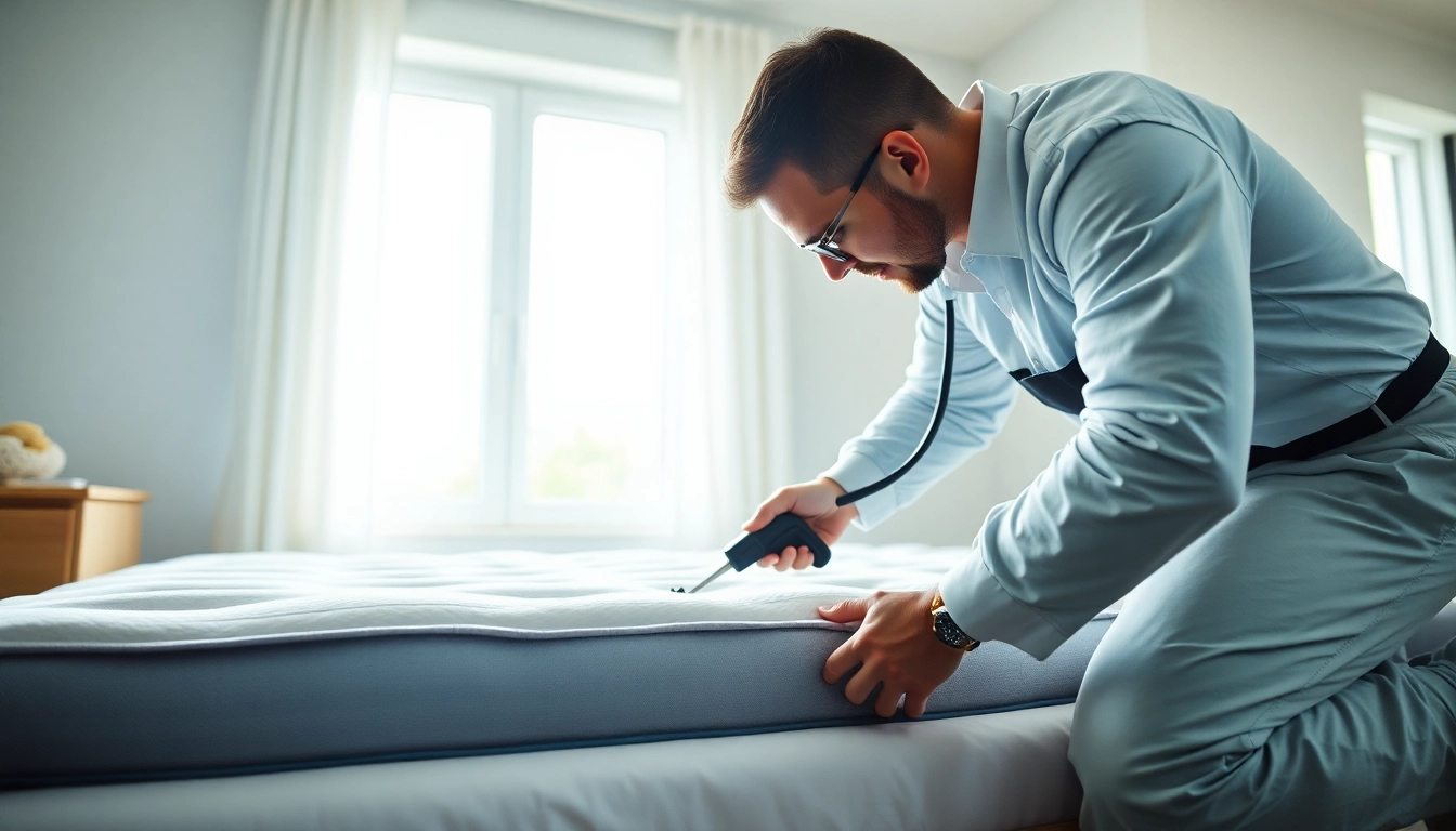 Bed bug exterminators inspect a mattress demonstrating professional pest control services.