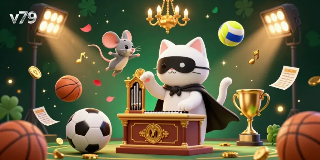 Experience thrilling betting action on v79 with a vibrant 3D casino scene filled with dynamic sports elements and excitement.