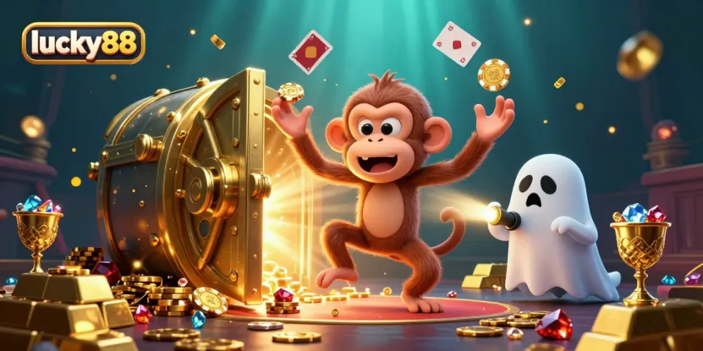 An exciting scene of lucky88's playful ghost monkey juggling casino items in a haunted setting, with a curious puppy following.