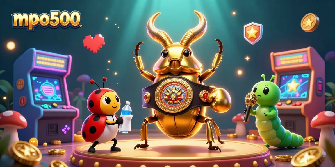 Experience exciting gameplay with mpo500 featuring a 3D cartoon beetle champion in a vibrant casino scene.
