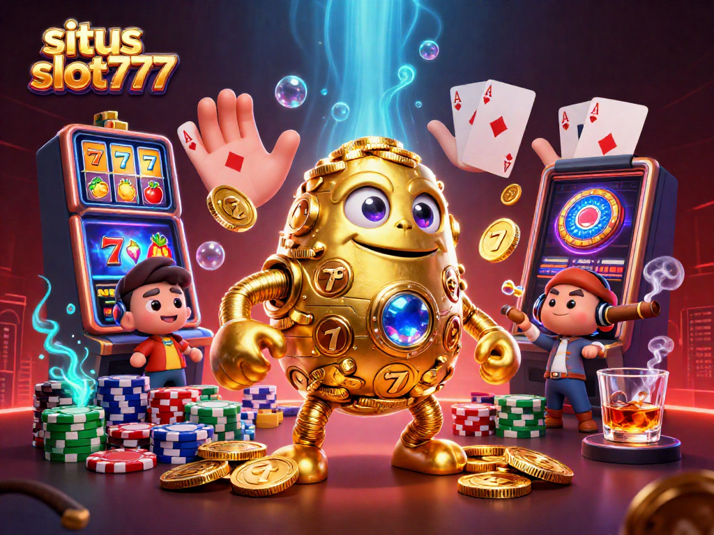 Engage with situs slot777's vibrant casino experience featuring dynamic slot elements and a golden golem.