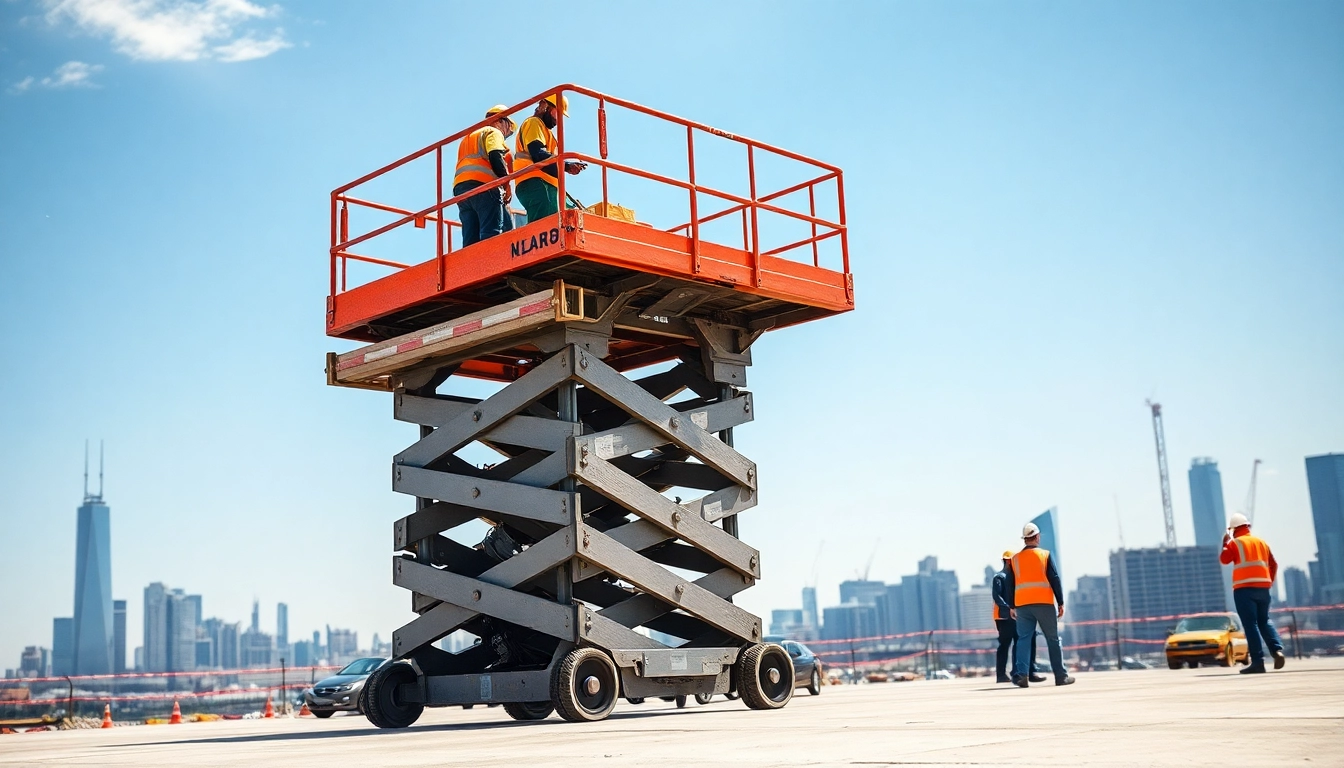 Construction workers efficiently using a scissor lift for high-altitude tasks at a busy site.