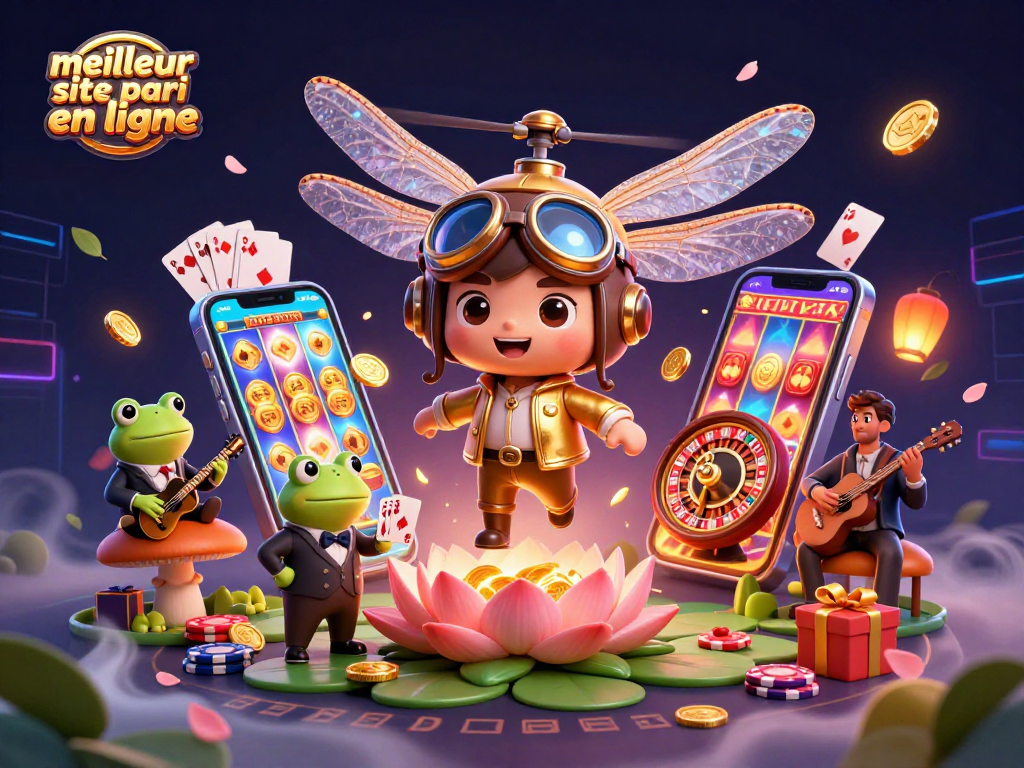 Parier sur le meilleur site pari en ligne avec une illustration riche en détails d'un pilote de libellule et un croupier grenouille.