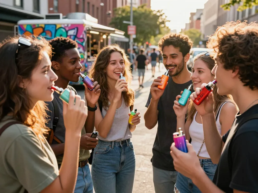Young adults enjoying Ryse vape in urban street setting, showcasing vibrant flavors and modern culture.