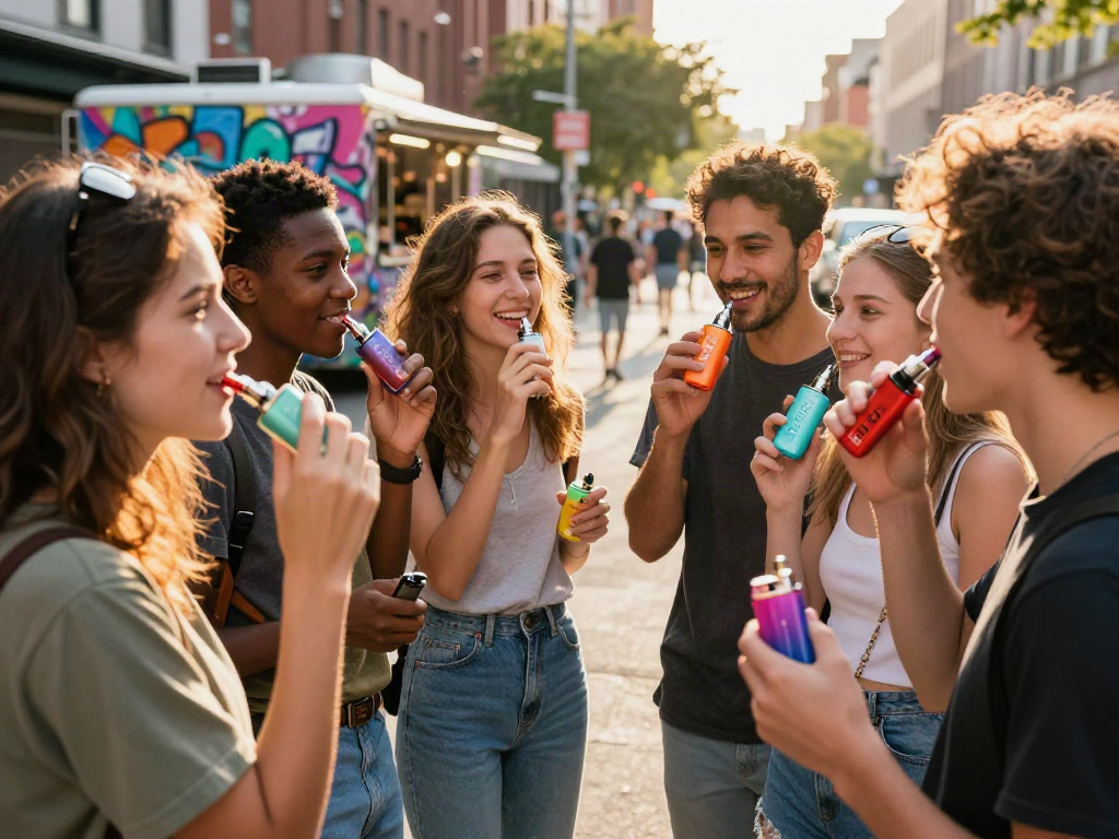 Young adults enjoying Ryse vape in urban street setting, showcasing vibrant flavors and modern culture.