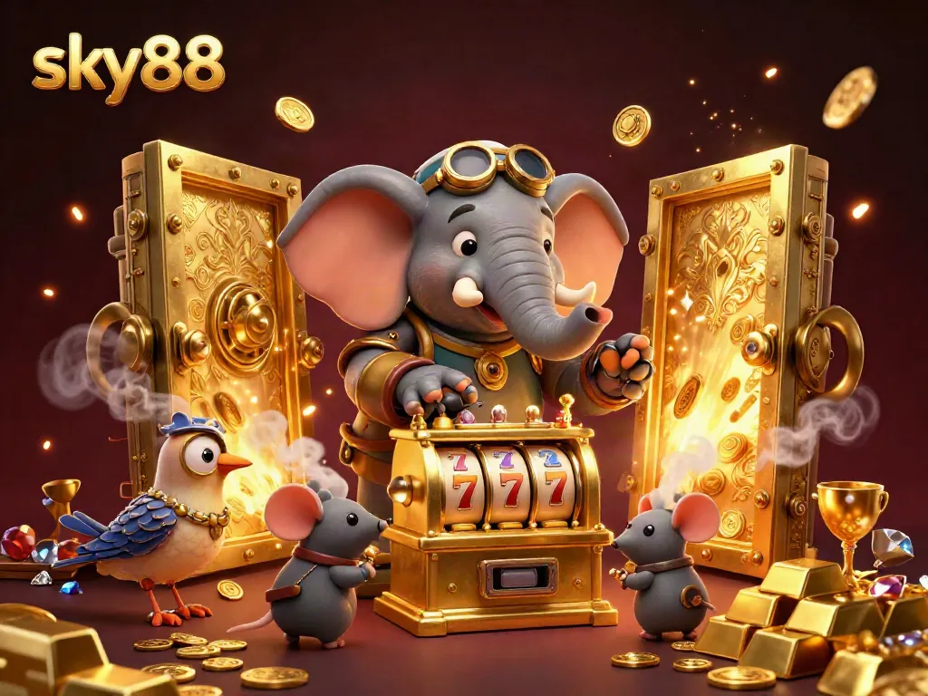 Experience the excitement of sky88 with a vibrant steampunk elephant engineering a golden slot machine amidst treasures and dynamic casino elements.