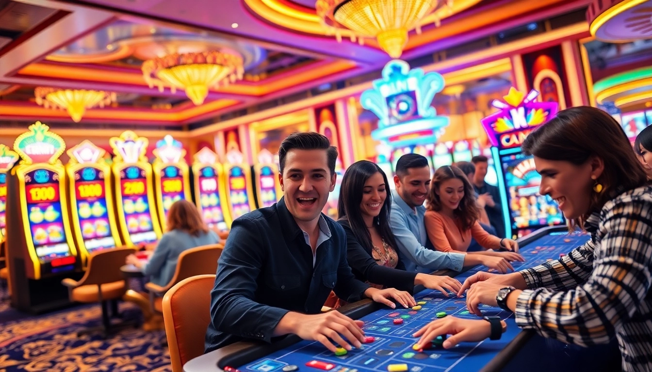 Permainan di situs slot resmi dengan mesin slot warna-warni yang mencolok dan pemain yang antusias.