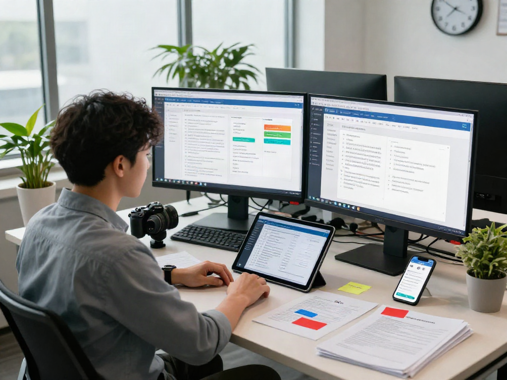 Data analyst using document fraud detection software in modern office environment.