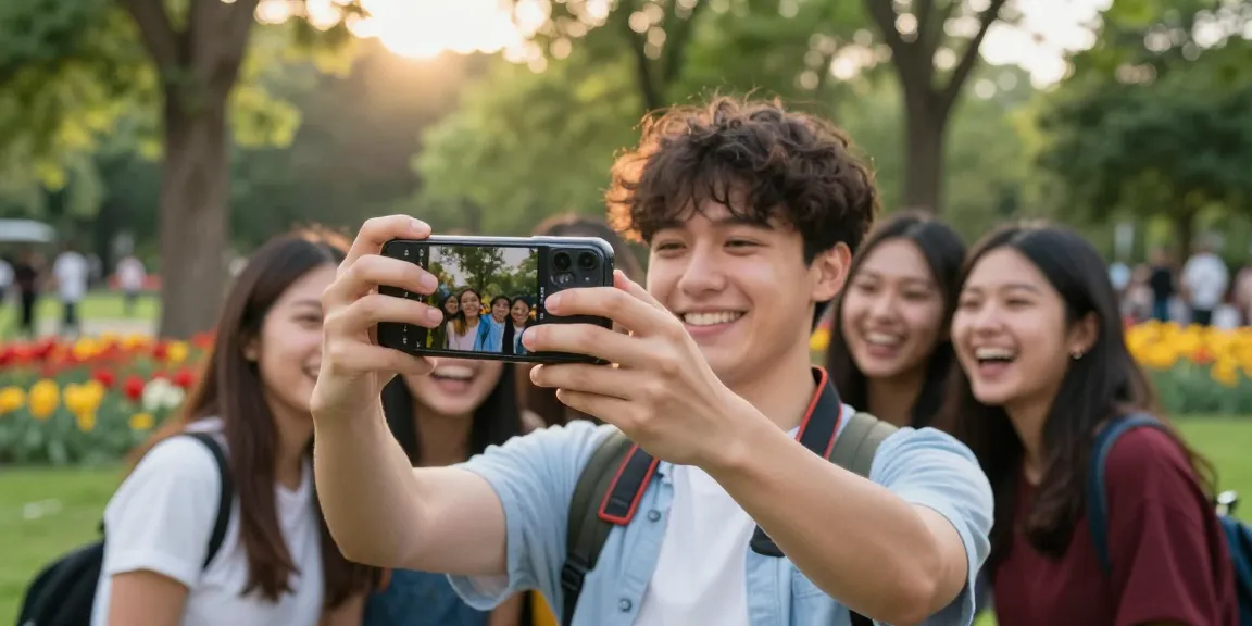 Young adult taking a selfie during a test of attractiveness with friends in a park, joyful atmosphere, vibrant nature.